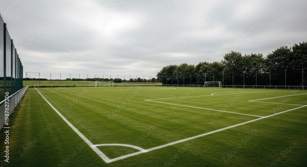 Fototapeta premium Pristine green soccer field with freshly cut grass and crisp white lines under a cloudy sky creating a vibrant sports backdrop