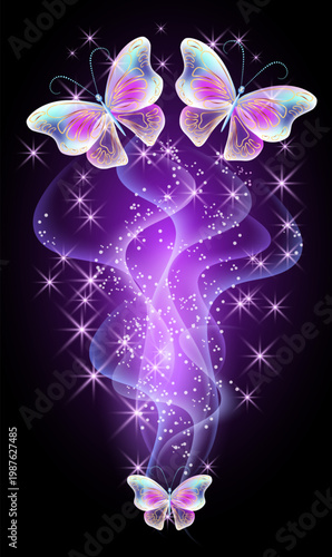 Butterflies in starry sky with magical wings, fireworks and sparkle stars. Fantasy vertical walpaper background with fireflies and mystical smoke.