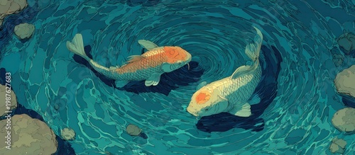 Two koi fish swim in a swirling, turquoise pool, rocks scattered