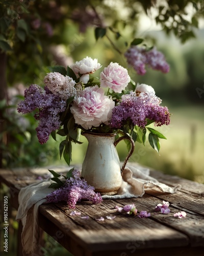 Lavender and peonies in vase on weathered wood table, garden scene