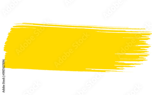 Vibrant yellow paintbrush stroke on white background, textured acrylic paint smear, horizontal artistic brush mark for graphic design