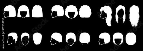 Classic haircut silhouettes set including bob variations, bowl cut, pixie, layered and curl under styles, front profile back views, white shapes on black background for icons UI, beauty salon branding