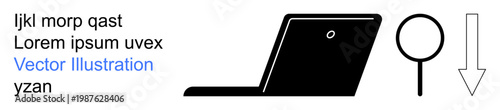 Data analysis, search tools, downloads, technology, file sharing, digital tasks. A black laptop alongside a magnifying glass and downward arrow. Data analysis and search tools idea