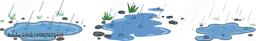 Illustration of puddles forming on the ground with raindrops falling, capturing a hand-drawn style on a transparent background conveying a rainy day mood.
