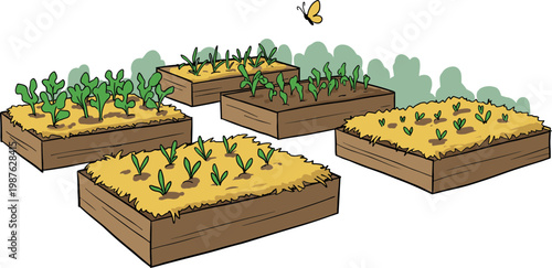Vegetable garden beds with healthy plants growing in hand drawn style on a transparent background featuring vibrant colors and a cheerful atmosphere with a butterfly fluttering nearby
