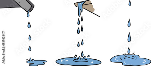Illustration of water droplets pouring from a container with splashes creating ripples on a transparent background in a hand drawn style