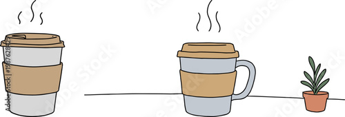 Two coffee cups, one disposable and one ceramic mug, with a small potted plant; hand drawn style on a transparent background, representing coffee culture and minimalism.