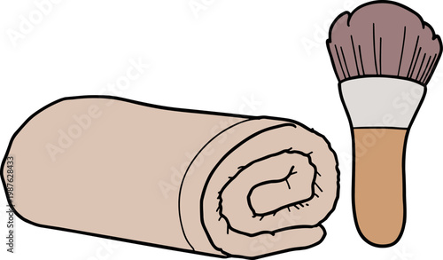 Hand drawn style of rolled towel and shaving brush on transparent background for grooming and skincare related products or illustrations showcasing self-care routines