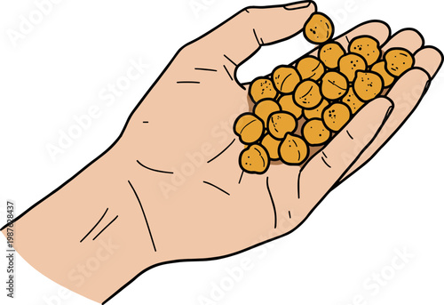 Hand holding scattered seeds in a hand drawn style on a transparent background illustrating natural planting and growth concepts in a simple and colorful presentation.