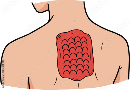 Hand drawn illustration of a red heating pad placed on a person's back, showcasing the texture and shape, on a transparent background for pain relief or relaxation purposes.