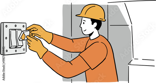 Worker fixing electrical panel switch with tools in hand, wearing orange shirt and hard hat, in indoor setting on a transparent background.
