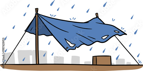 A blue tarp shelter with white boxes underneath, catching raindrops in an outdoor setting, depicted in a hand drawn style on a transparent background