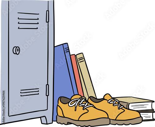 Illustration of a blue locker, colorful books stacked near yellow shoes on a transparent background, depicting a casual indoor setting with a playful hand-drawn style.