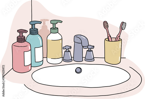 Hand drawn illustration of bathroom sink with colorful soap bottles, toothbrushes, and faucet on a transparent background