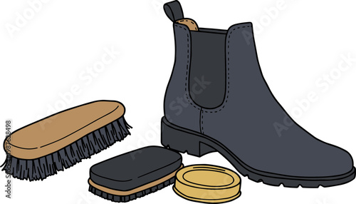Stylish leather boot with shoe brushes and polish on a transparent background for footwear cleaning and maintenance in a modern hand drawn style illustration