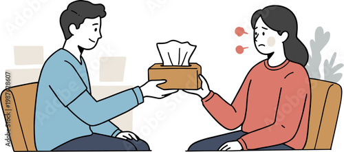 Man handing tissue box to woman in hand drawn style on a plain background