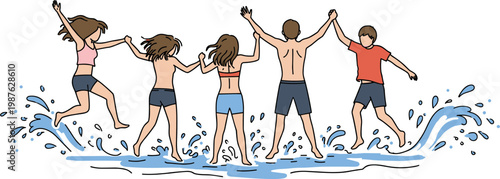 Group of friends jumping into water on a sunny day in hand drawn style