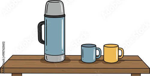 Cartoon thermos and cups on a wooden table