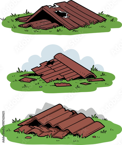 Three Stages of a Broken Roof on Grass in Hand Drawn Style
