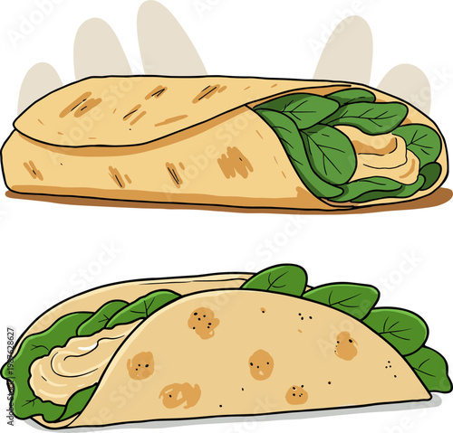 Hand drawn style wrap sandwich with spinach and hummus on transparent background