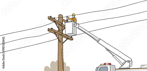 Line worker repairing a power line on a bucket lift