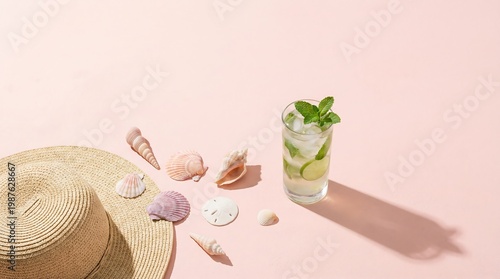 Mojito cocktail with lime and mint next to a straw hat and seashells on a pink background. Summer holiday beach vacation concept. Refreshing drink for warm weather and tropical lifestyle.
