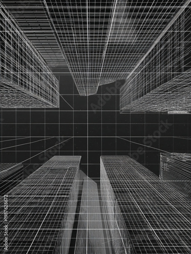 Wireframe 3D Architectural Rendering Of Modern Buildings On Black Background For Technology Concepts