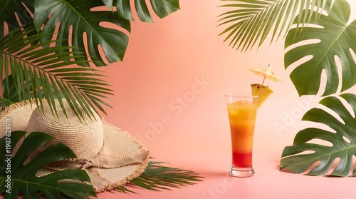 Tropical cocktail with pineapple garnish and sun hat displayed among palm leaves. Summer vacation holiday concept with refreshing beverage. Exotic island travel relaxation and background.