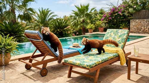 Two red panda on wooden sun lounger by swimming pool. Cute animals playing outdoors in tropical backyard garden. Exotic wildlife vacation concept and summer relaxation scene in nature.
