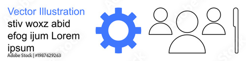 Digital processes, teamwork, settings, customization, collaboration, technology. Blue gear and black outline of three users with placeholder text. Digital processes and teamwork concept
