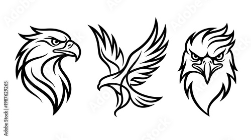 Set of Elegant Eagle Art Design Elements in Black and White