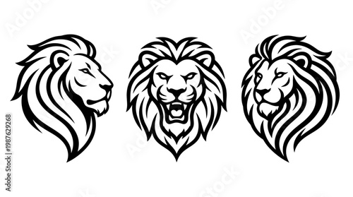 Set of Lion Head Silhouettes in Black and White