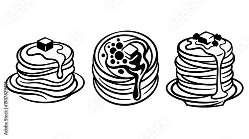 Three Stacks of Pancakes with Butter and Syrup