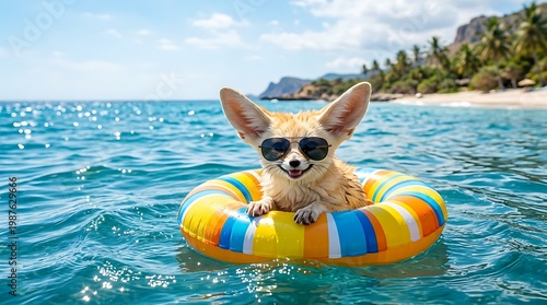 Fennec fox wearing sunglasses floating on an inflatable ring in the sea. Cute animal enjoying summer vacation at the tropical beach. Funny wildlife portrait for travel and relaxation concept.