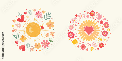 A heartwarming of colorful flowers and loving hearts, evoking feelings of joy and spring