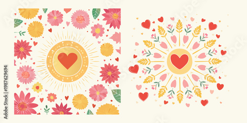 A heartwarming and whimsical illustration featuring two cheerful suns glowing amidst a vibrant tapestry of colorful flowers and loving hearts, evoking feelings of joy and spring