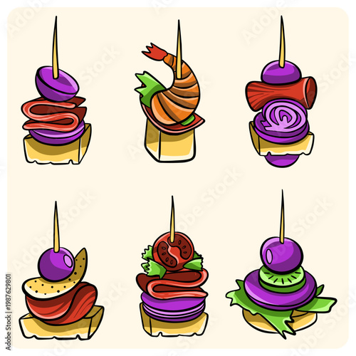 Assorted gourmaet appetizers canapes on toothpicks for catering or party