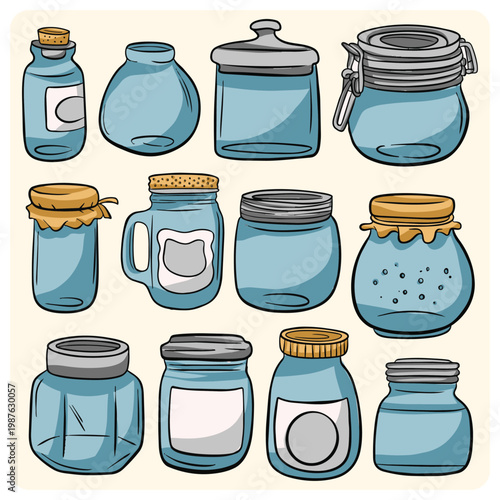 Collection of Various Blue Glass Jars and Containers in Hand Drawn Style