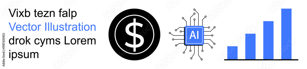Obraz premium Finance, artificial intelligence, data analysis, tech innovation, growth, automation. Black dollar sign, AI chip growth bar chart. Finance and artificial intelligence in data-driven innovation