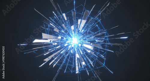 Abstract shattered glass explosion effect with glowing blue light burst abstract geometric shards and lines on dark backdrop