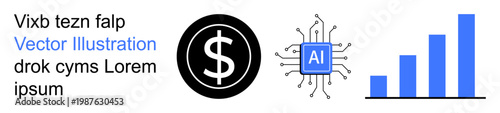 Finance, artificial intelligence, data analysis, tech innovation, growth, automation. Black dollar sign, AI chip growth bar chart. Finance and artificial intelligence in data-driven innovation