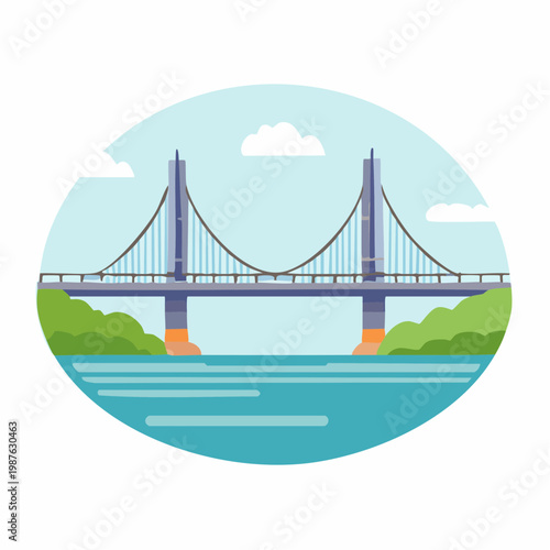 Cartoon illustration of a suspension bridge over water with green hills and clouds.