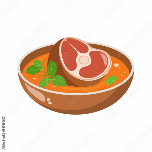 Delicious hearty meal of meat and vegetable soup with fresh green garnish served in a bowl.