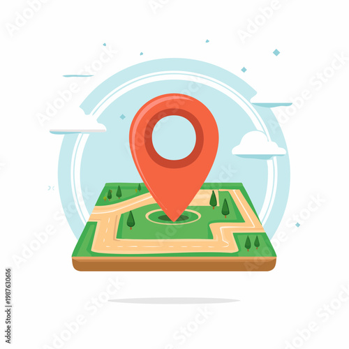 Isometric map with location pin, travel planning illustration