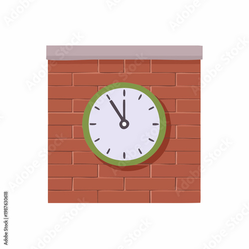 Clock on brick wall shows time near 11 o'clock, in flat design.