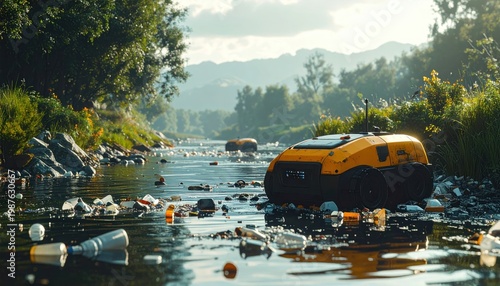 Polluted River with Trash and Debris.