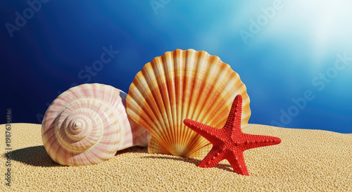 Seashells and starfish on golden sand against a gradient blue background evoke a coastal ambiance and summer vacations in a bright 3D rendering