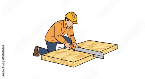 Builder in hard hat cutting insulation board with hand saw. Vector illustration of construction worker