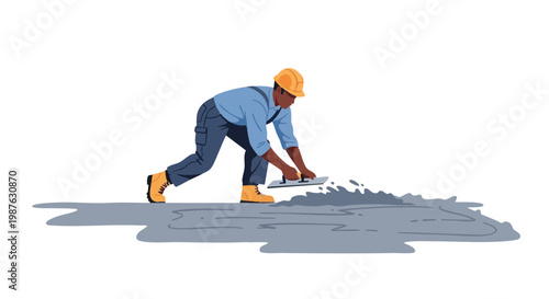 Black construction worker applying concrete with trowel. Vector illustration of man in hard hat at work