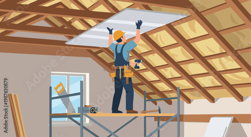 Construction worker installing drywall ceiling panel on scaffolding in attic